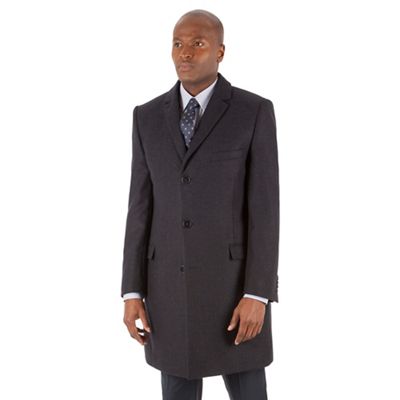 Navy blue herringbone wool blend tailored fit overcoat